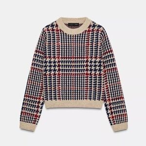 Zara Beige and Red Plaid Sweater